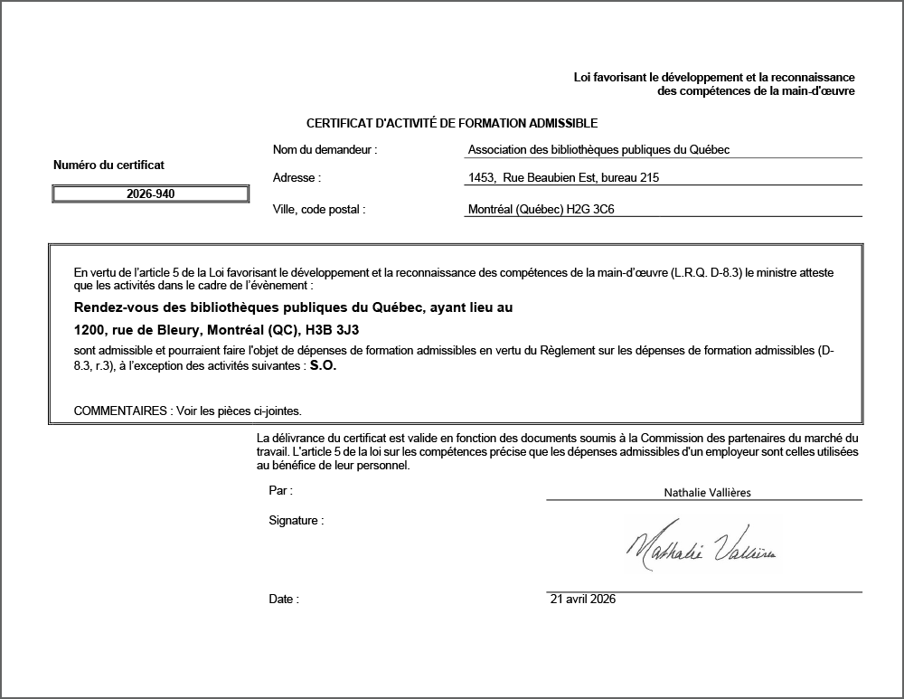 Certificat d'activité admissible